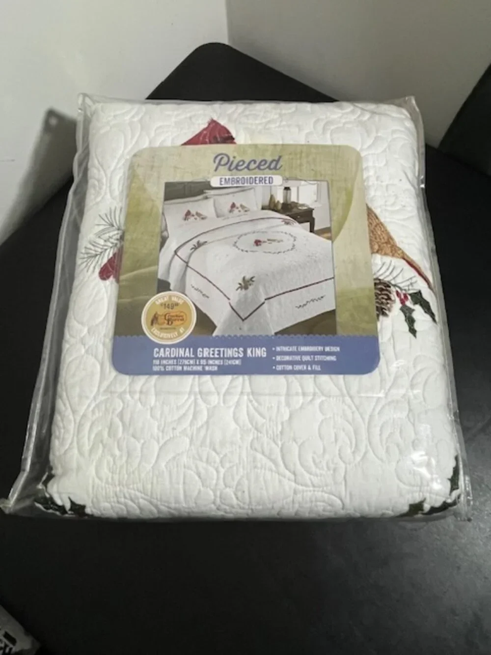 Pieced Embroidered Cardinal Greetings King Size Comforter